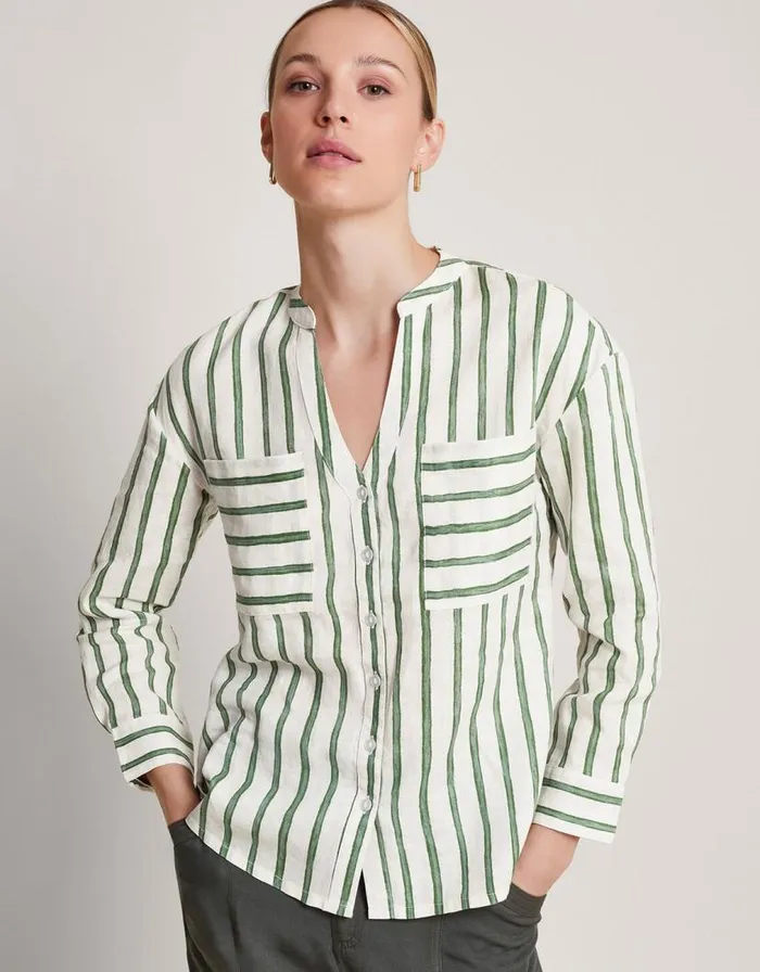 Monsoon Santana Stripe Linen Shirt Green Women Tops and Blouses
