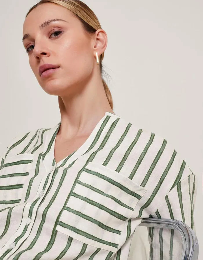Monsoon Santana Stripe Linen Shirt Green Women Tops and Blouses