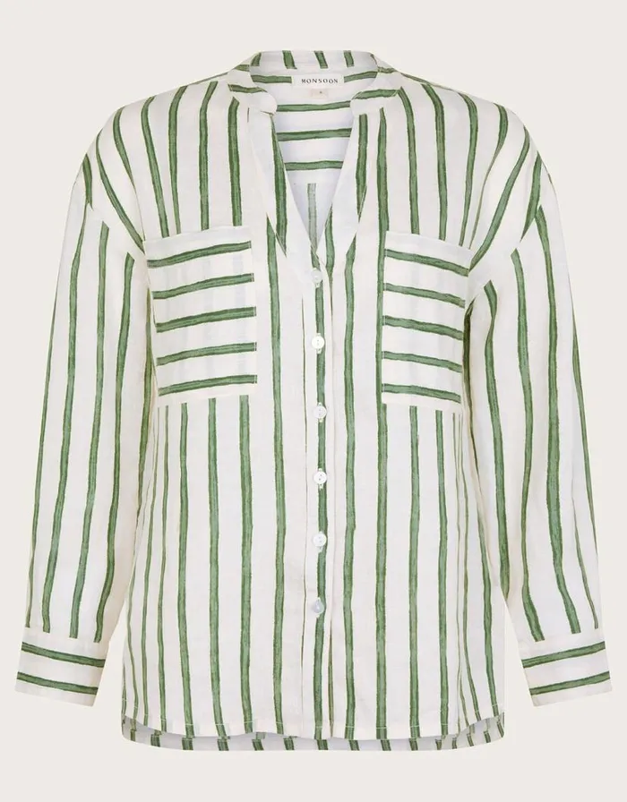 Monsoon Santana Stripe Linen Shirt Green Women Tops and Blouses