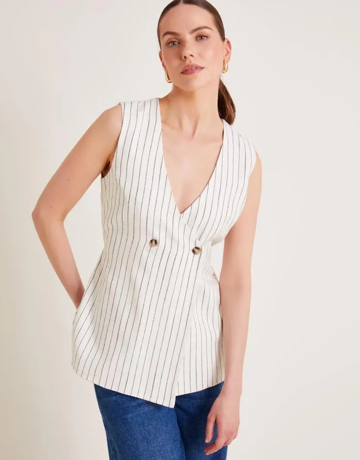Monsoon Sara Stripe Waistcoat Ivory Women Tops and Blouses Monsoon Sara Stripe Waistcoat Ivory Women Tops and Blouses