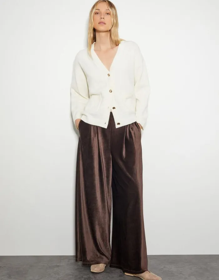 Monsoon Shay Rib Velour Wide Leg Trousers Brown Women Casualwear