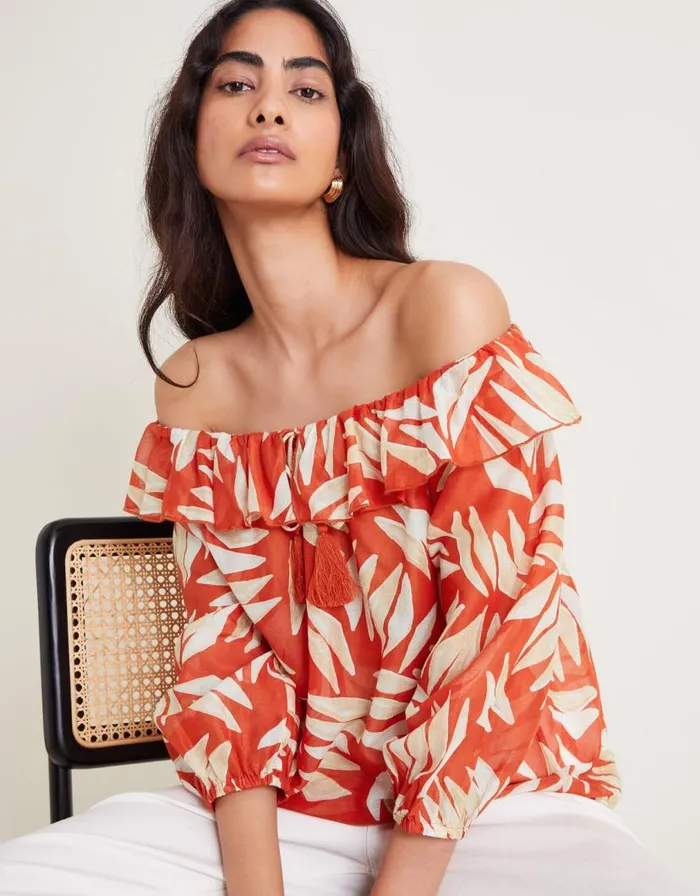 Monsoon Shelly Ruffle Bardot Top Orange Women Tops and Blouses