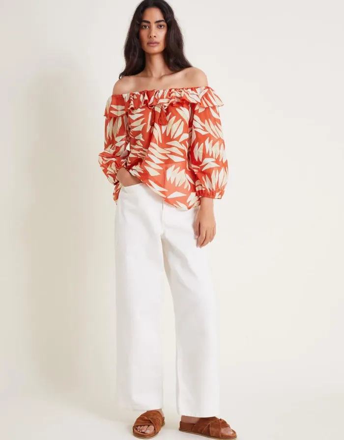 Monsoon Shelly Ruffle Bardot Top Orange Women Tops and Blouses Monsoon Shelly Ruffle Bardot Top Orange Women Tops and Blouses