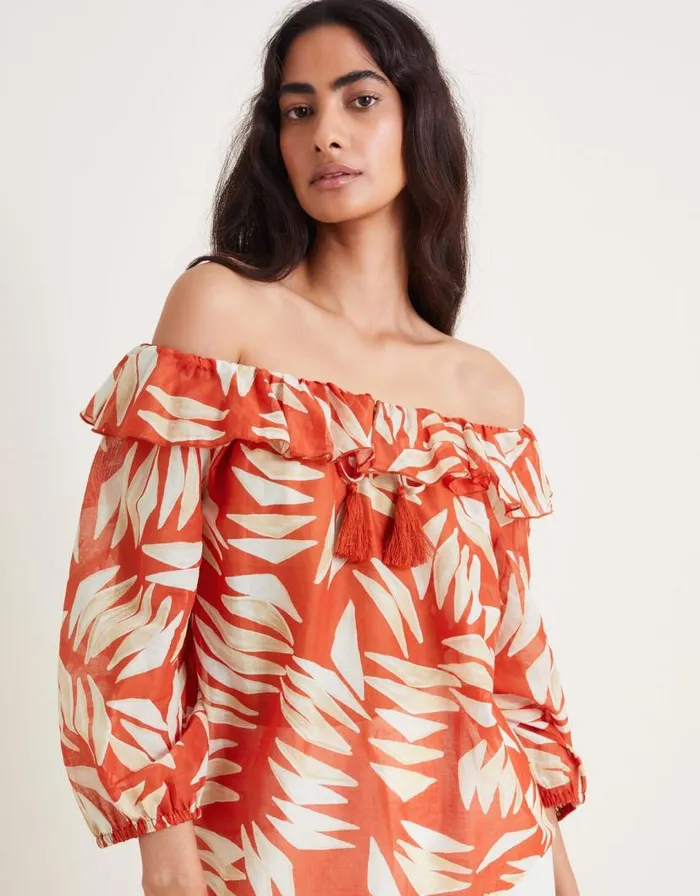 Monsoon Shelly Ruffle Bardot Top Orange Women Tops and Blouses Monsoon Shelly Ruffle Bardot Top Orange Women Tops and Blouses