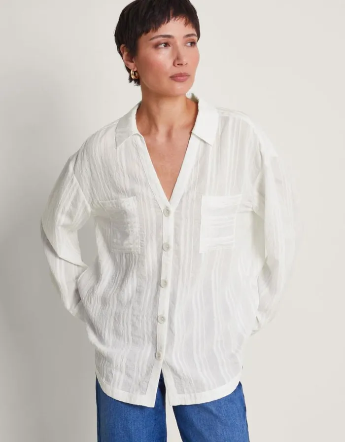 Monsoon Sofia Long Sleeve Textured Shirt White Women Tops and Blouses