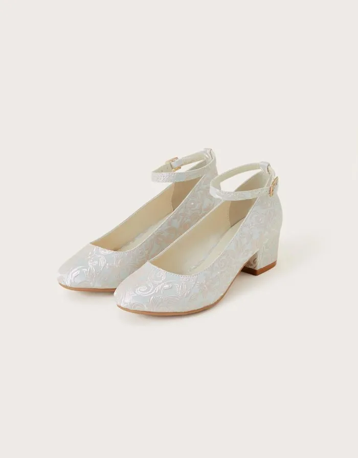 Monsoon Sophia Jacquard Heeled Shoes Ivory Children Partywear