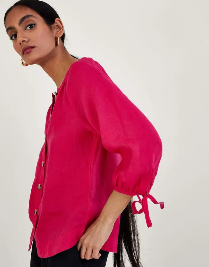 Monsoon Tie Cuff Button Through Linen Blouse Pink Women Tops and Blouses
