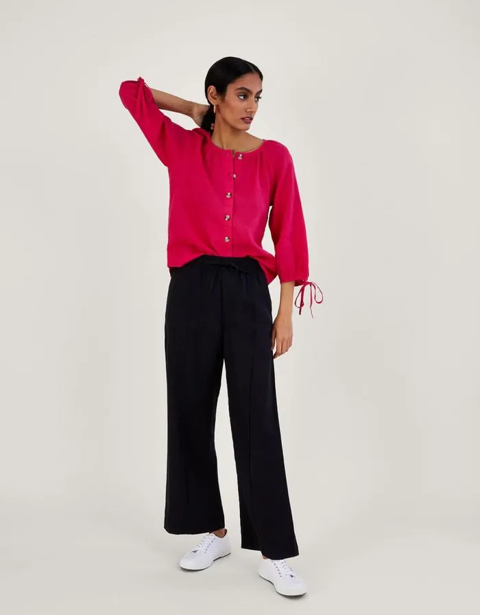 Monsoon Tie Cuff Button Through Linen Blouse Pink Women Tops and Blouses Monsoon Tie Cuff Button Through Linen Blouse Pink Women Tops and Blouses