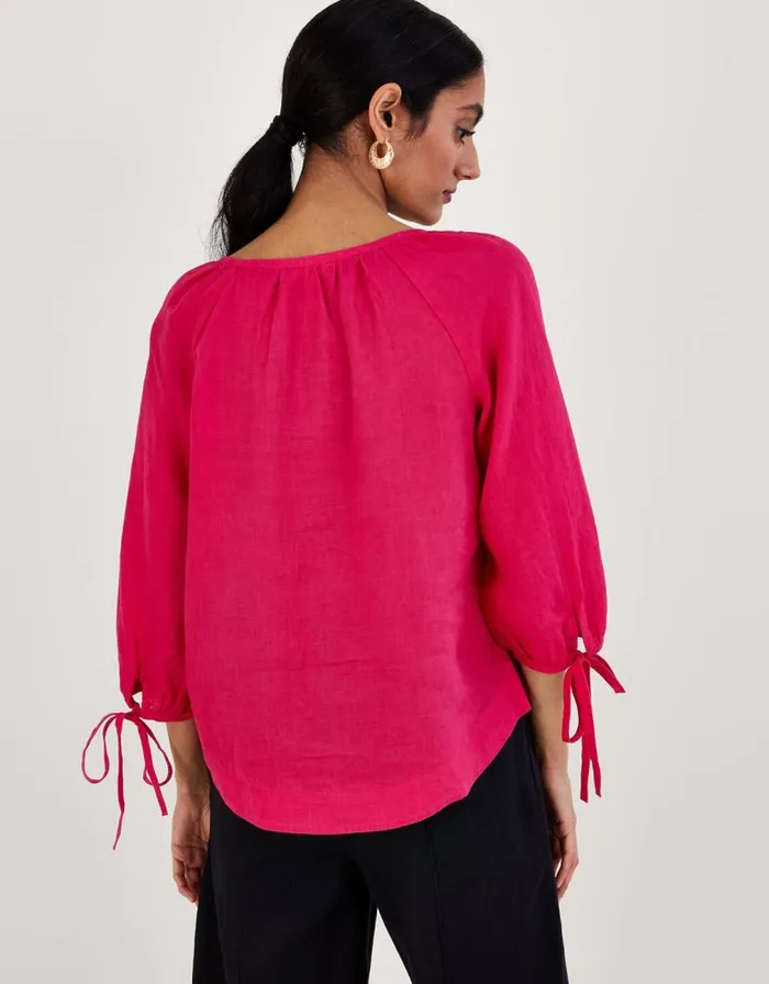 Monsoon Tie Cuff Button Through Linen Blouse Pink Women Tops and Blouses Monsoon Tie Cuff Button Through Linen Blouse Pink Women Tops and Blouses