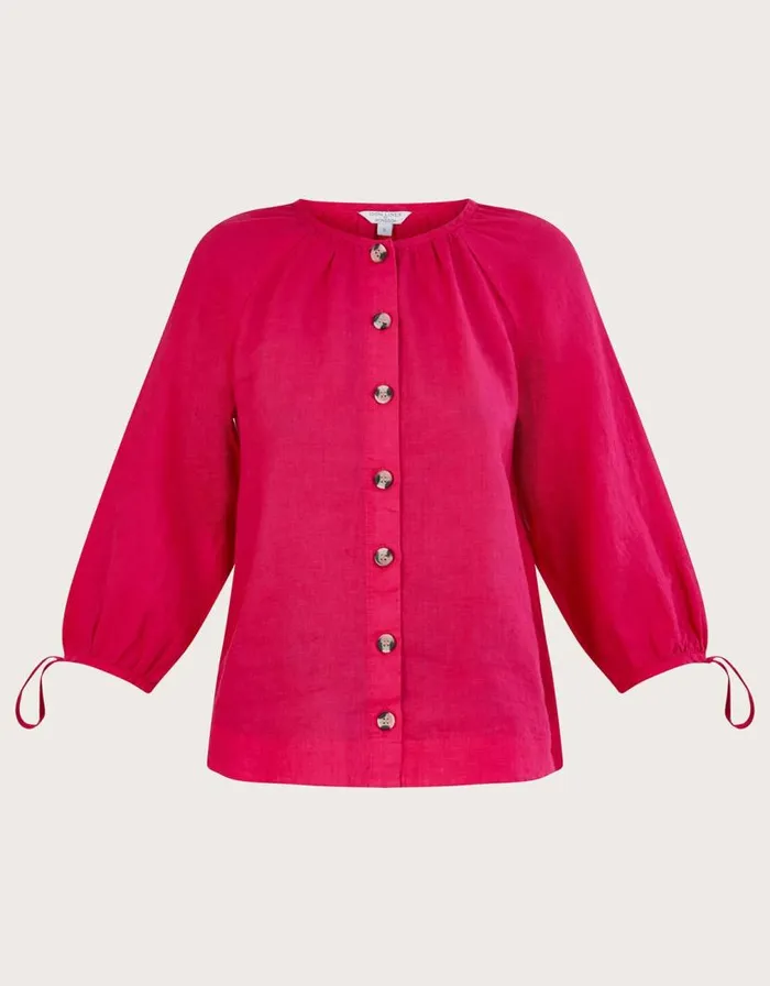 Monsoon Tie Cuff Button Through Linen Blouse Pink Women Tops and Blouses Monsoon Tie Cuff Button Through Linen Blouse Pink Women Tops and Blouses
