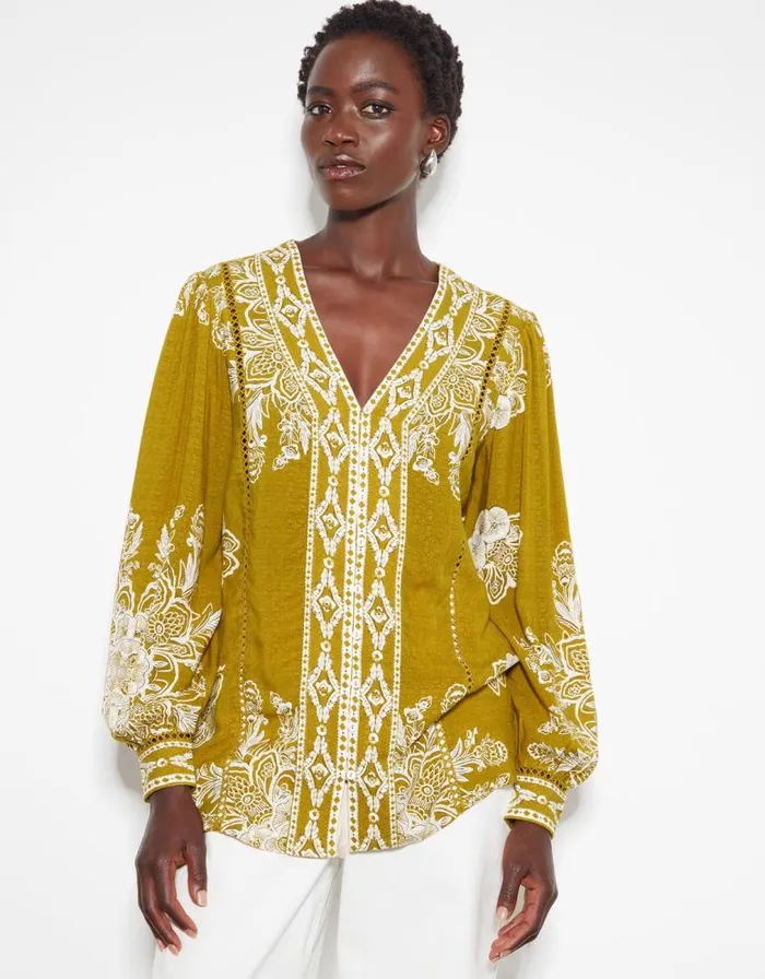Monsoon Tillie VNeck Floral Border Print Blouse Green Women Tops and Blouses