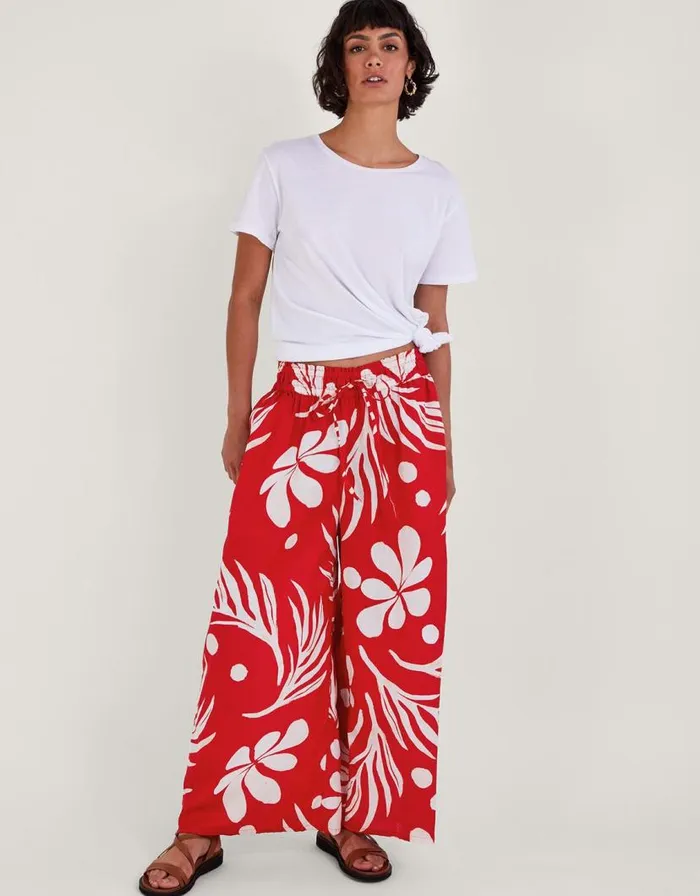 Monsoon Wide Leg Palm Print Trousers Red Women Beachwear and Swimwear