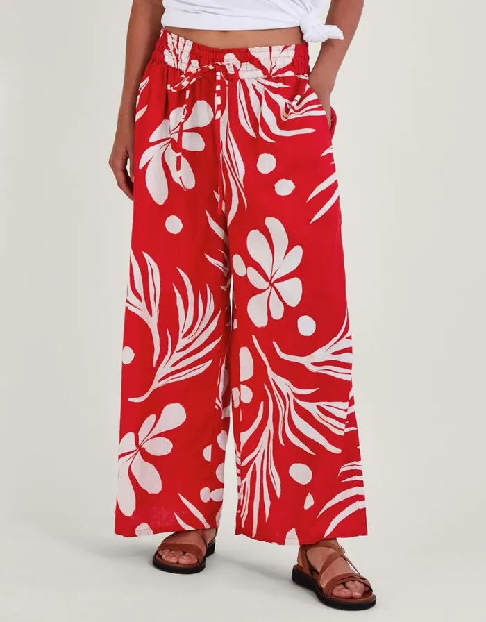 Monsoon Wide Leg Palm Print Trousers Red Women Beachwear and Swimwear Monsoon Wide Leg Palm Print Trousers Red Women Beachwear and Swimwear