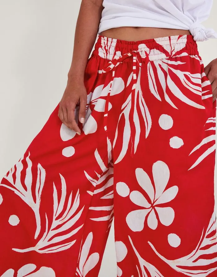 Monsoon Wide Leg Palm Print Trousers Red Women Beachwear and Swimwear Monsoon Wide Leg Palm Print Trousers Red Women Beachwear and Swimwear