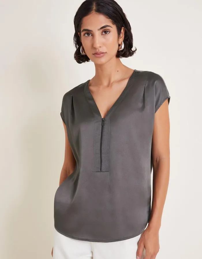 Monsoon Wilde Sleeveless Satin Top Grey Women Tops and Blouses