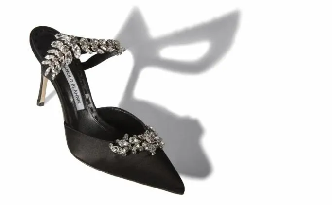 Mules Women Manolo Blahnik LURUM Black Satin Crystal Embellished Mules