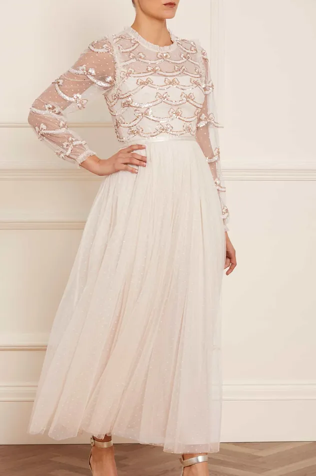 Needle and Thread Bow Sequin Bodice Ankle Gown Champagne Women Embellished Dresses Needle and Thread Bow Sequin Bodice Ankle Gown Champagne Women Embellished Dresses