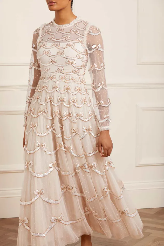 Needle and Thread Bow Sequin Long Sleeve Gown Champagne Women Embellished Dresses Needle and Thread Bow Sequin Long Sleeve Gown Champagne Women Embellished Dresses