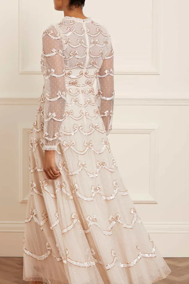 Needle and Thread Bow Sequin Long Sleeve Gown Champagne Women Embellished Dresses Needle and Thread Bow Sequin Long Sleeve Gown Champagne Women Embellished Dresses