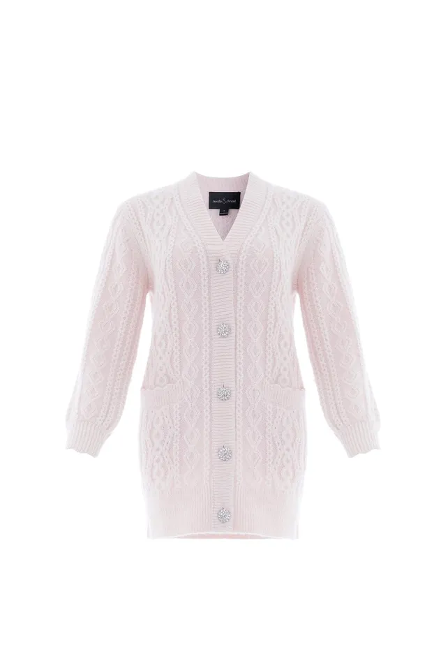 Needle and Thread Cable Jewelled Button Longline Cardigan Pink Women Knitwear