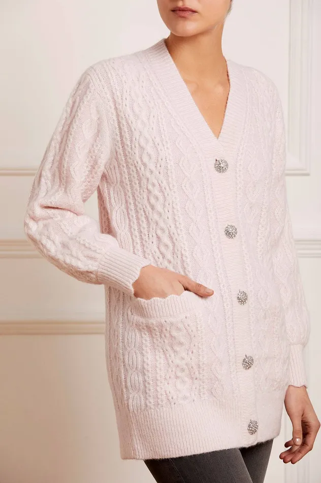 Needle and Thread Cable Jewelled Button Longline Cardigan Pink Women Knitwear