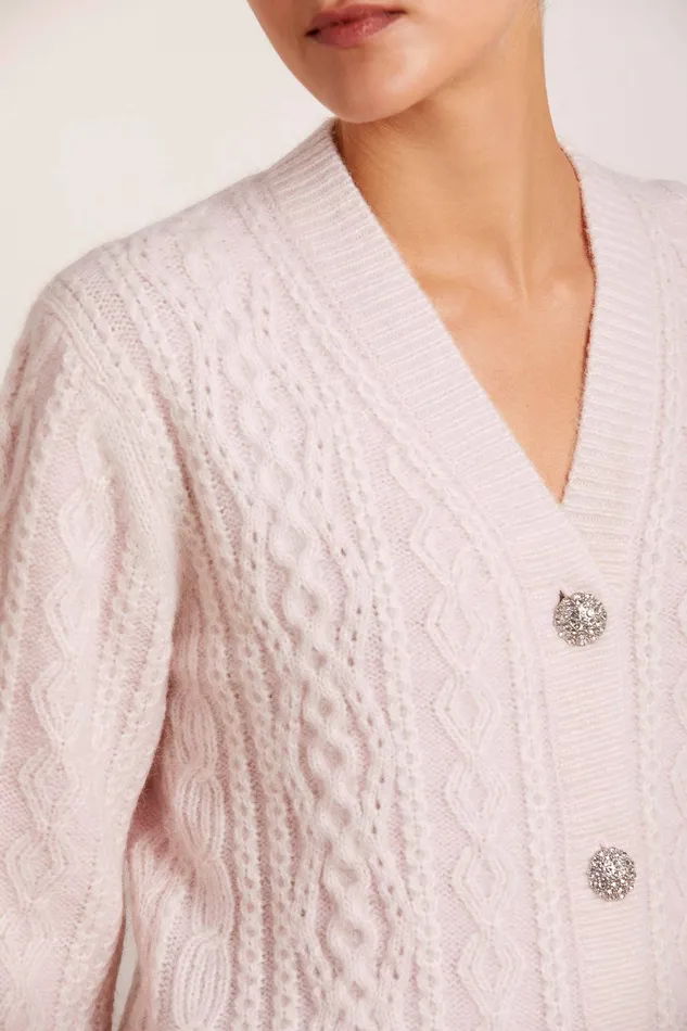 Needle and Thread Cable Jewelled Button Longline Cardigan Pink Women Knitwear