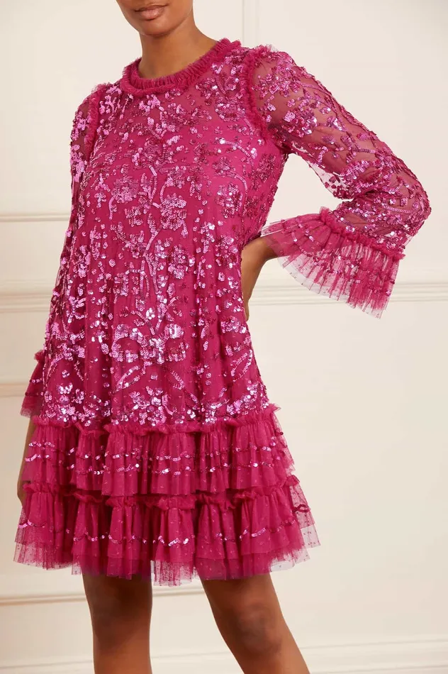 Needle and Thread Celia Long Sleeve Mini Dress Pink Women Evening Dresses