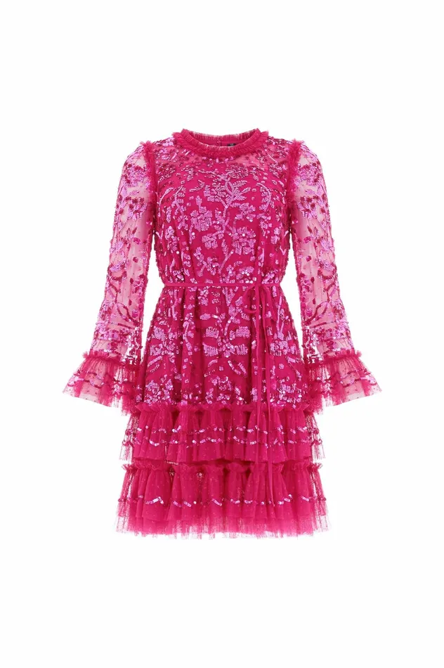 Needle and Thread Celia Long Sleeve Mini Dress Pink Women Evening Dresses