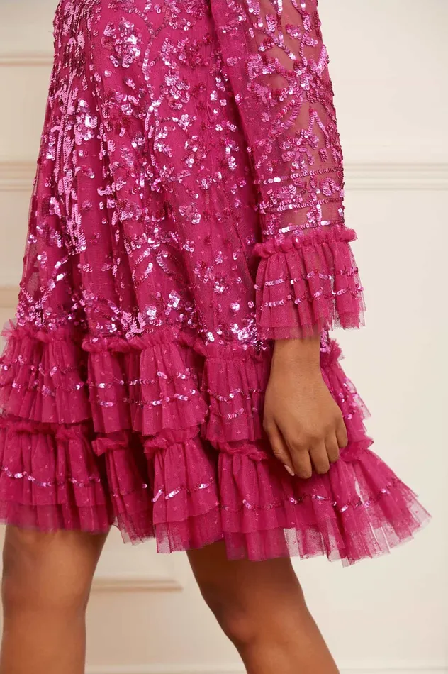 Needle and Thread Celia Long Sleeve Mini Dress Pink Women Evening Dresses