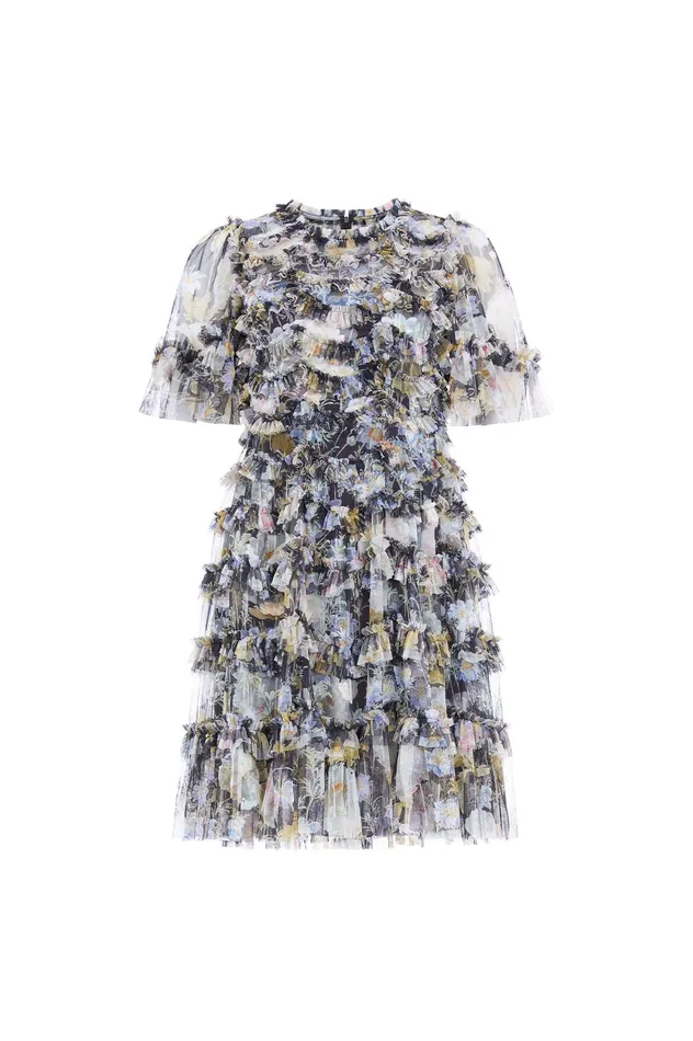Needle and Thread Moonlight Petals Round Neck Mini Dress Black Women Printed Dresses