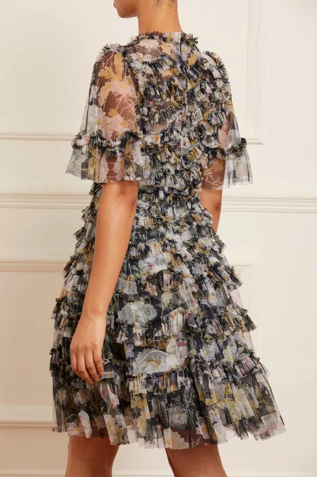 Needle and Thread Moonlight Petals Round Neck Mini Dress Black Women Printed Dresses