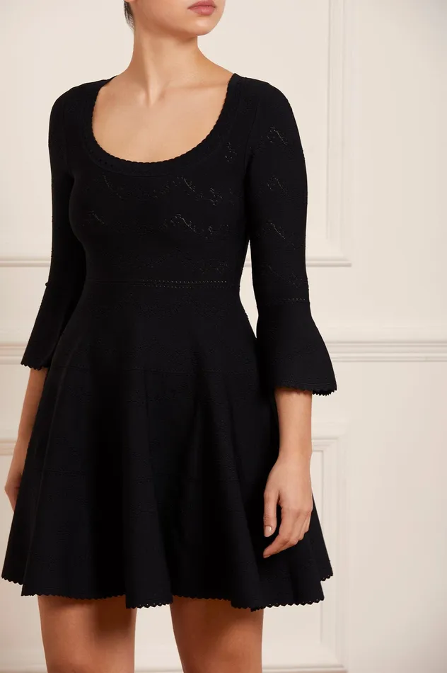 Needle and Thread Pretty Pointelle Knit Scoop Neck Mini Dress Black Women Day Dresses