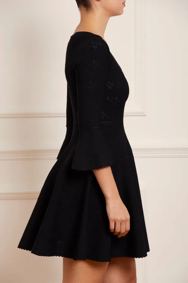 Needle and Thread Pretty Pointelle Knit Scoop Neck Mini Dress Black Women Day Dresses