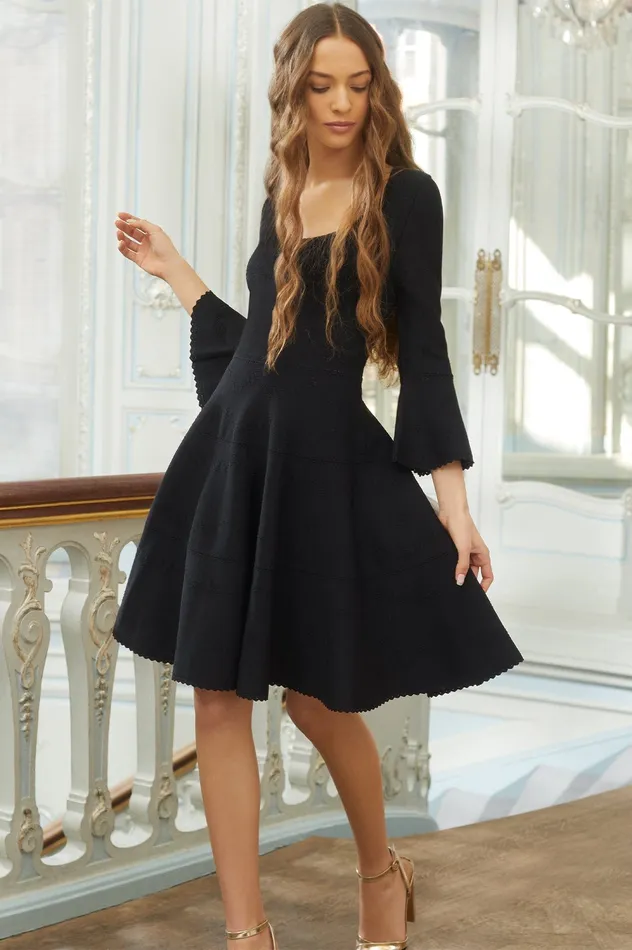 Needle and Thread Pretty Pointelle Knit Scoop Neck Mini Dress Black Women Day Dresses
