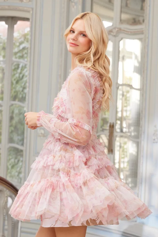 Needle and Thread Rose Bluebell Ruffle Mini Dress Pink Women Printed Dresses