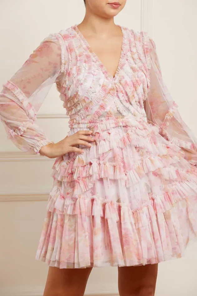 Needle and Thread Rose Bluebell Ruffle Mini Dress Pink Women Printed Dresses