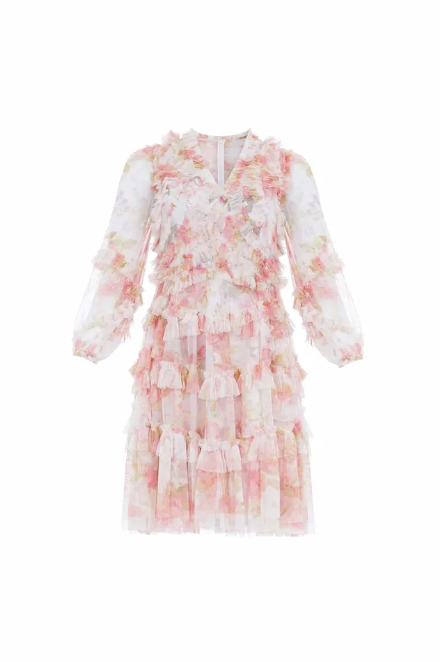 Needle and Thread Rose Bluebell Ruffle Mini Dress Pink Women Printed Dresses