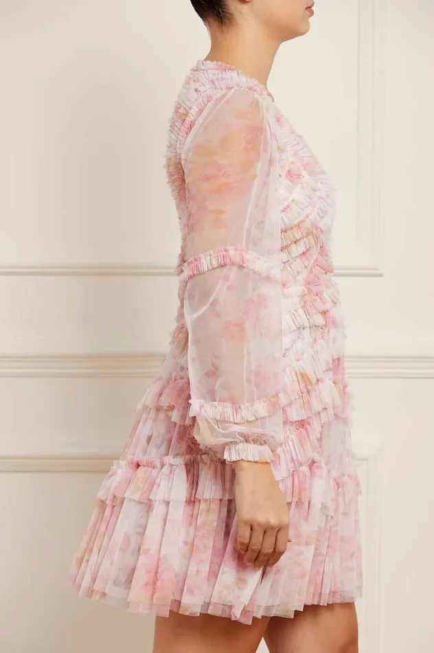 Needle and Thread Rose Bluebell Ruffle Mini Dress Pink Women Printed Dresses