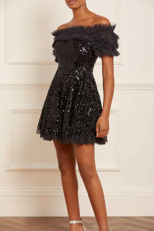 Needle and Thread Sequin Wreath OffShoulder Micro Mini Dress Black Women Evening Dresses