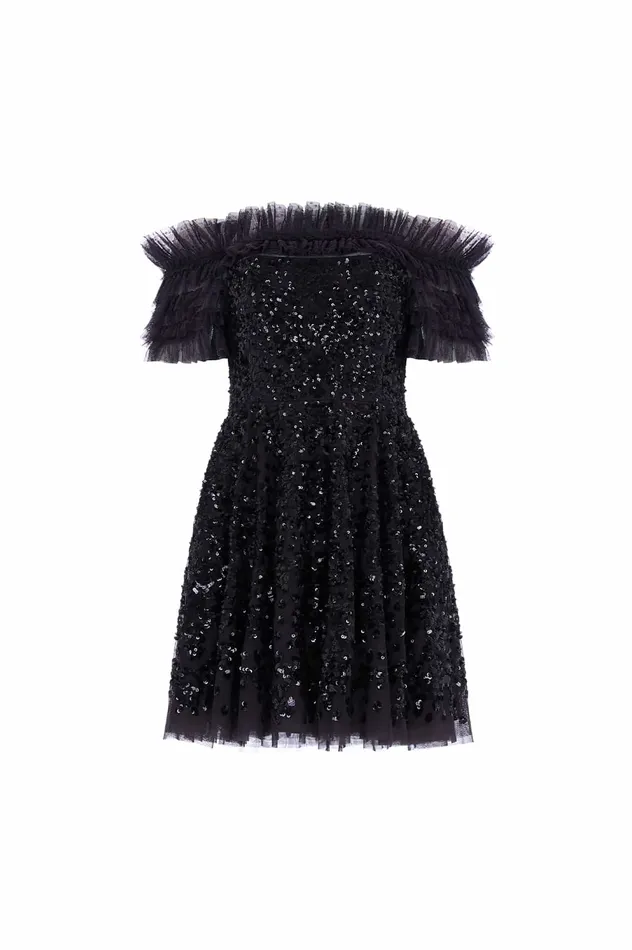 Needle and Thread Sequin Wreath OffShoulder Micro Mini Dress Black Women Evening Dresses