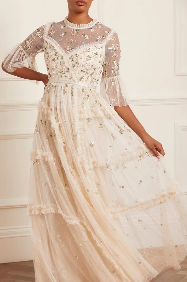 Needle and Thread Shimmer Ditsy Long Sleeve Gown Champagne Women Exclusives