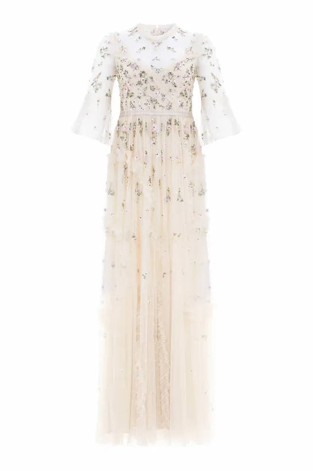 Needle and Thread Shimmer Ditsy Long Sleeve Gown Champagne Women Exclusives
