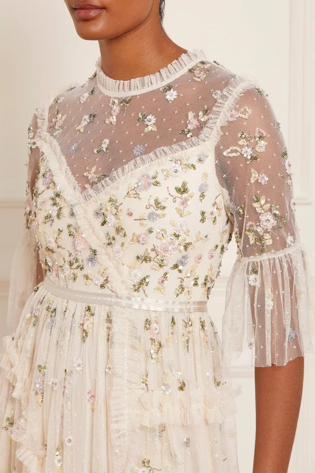 Needle and Thread Shimmer Ditsy Long Sleeve Gown Champagne Women Exclusives