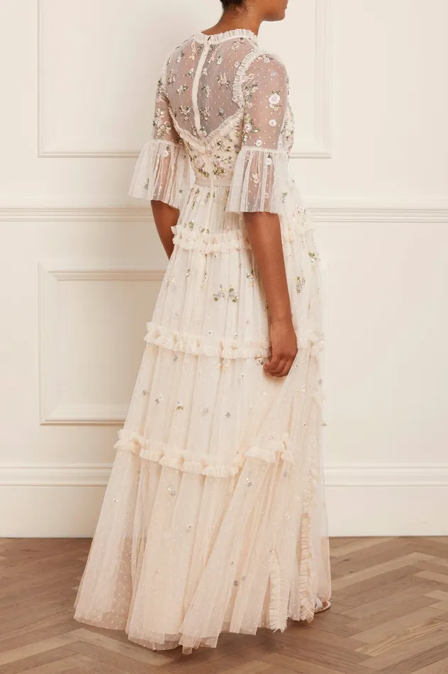 Needle and Thread Shimmer Ditsy Long Sleeve Gown Champagne Women Exclusives