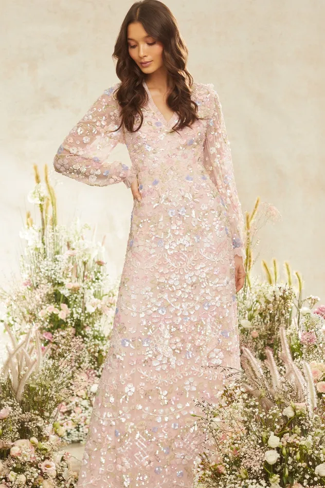 Needle and Thread Shimmer Fairytale VNeck Gown Pink Women Embellished Dresses