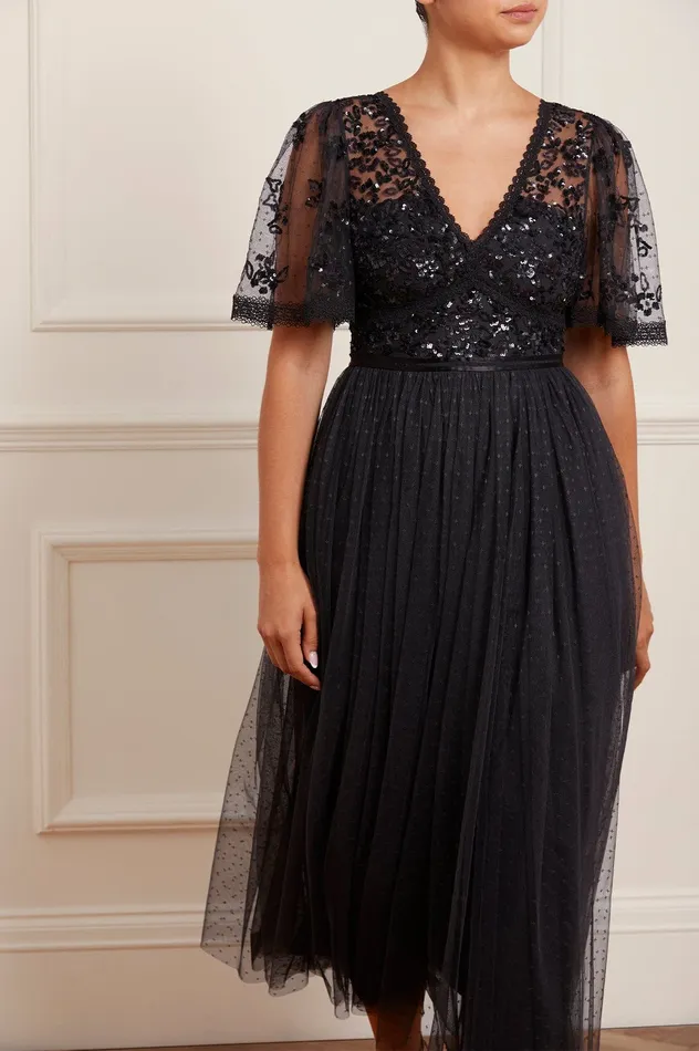 Needle and Thread Shimmer Primrose Bodice Ankle Gown Black Women Embellished Dresses