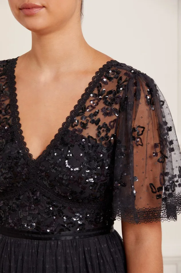 Needle and Thread Shimmer Primrose Bodice Ankle Gown Black Women Embellished Dresses
