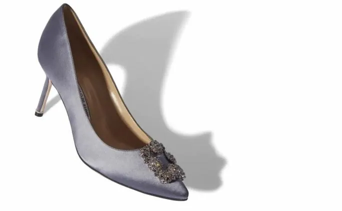 Pumps Women Manolo Blahnik HANGISI 70Grey Satin Jewel Buckle Pumps