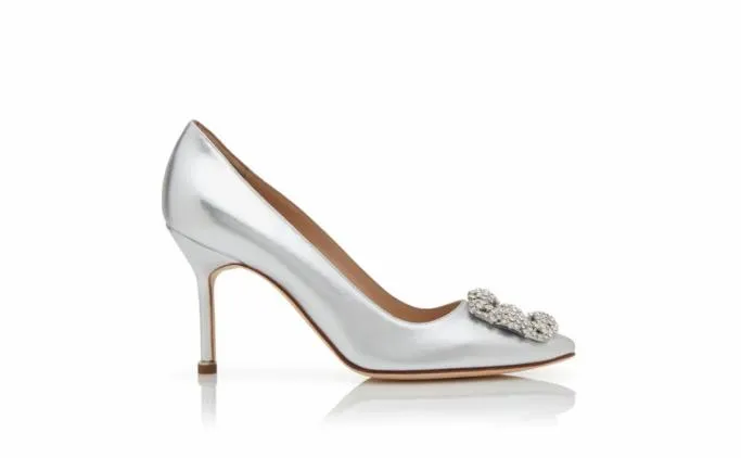 Pumps Women Manolo Blahnik HANGISI 90Silver Nappa Leather Jewel Buckle Pumps