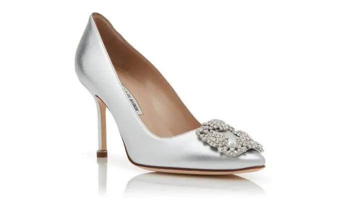 Pumps Women Manolo Blahnik HANGISI 90Silver Nappa Leather Jewel Buckle Pumps